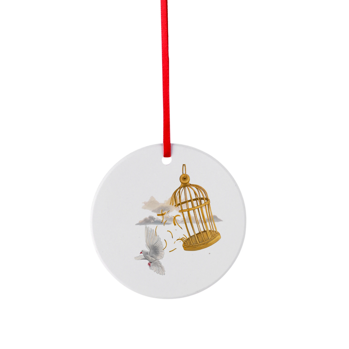 Freiheit – rundes Keramik-Ornament mit Taube und goldenem Käfig nach Maximilian Schroeder