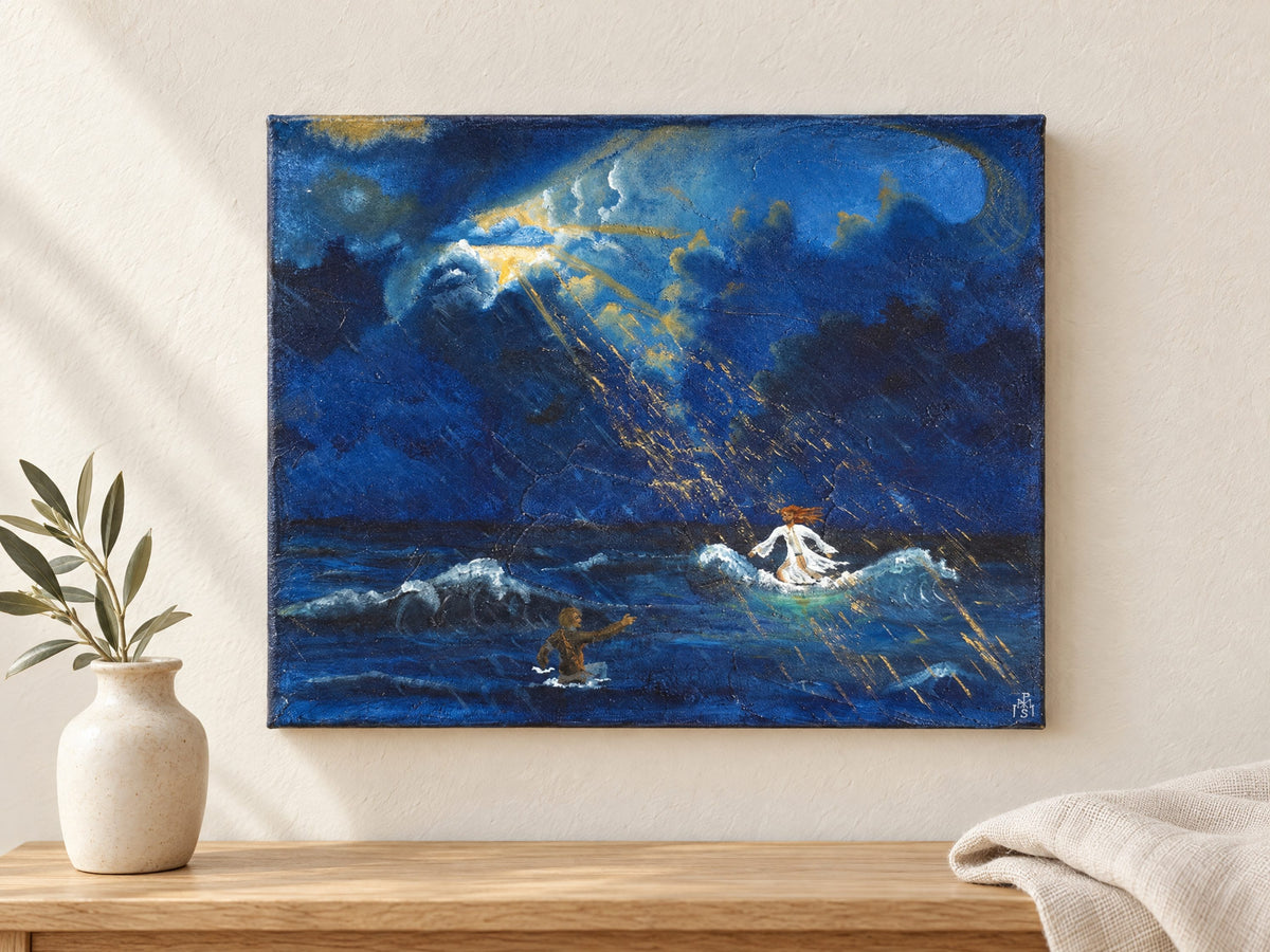 Jesus und Petrus auf dem Wasser – christliches Original-Acrylgemälde von Maximilian Schroeder