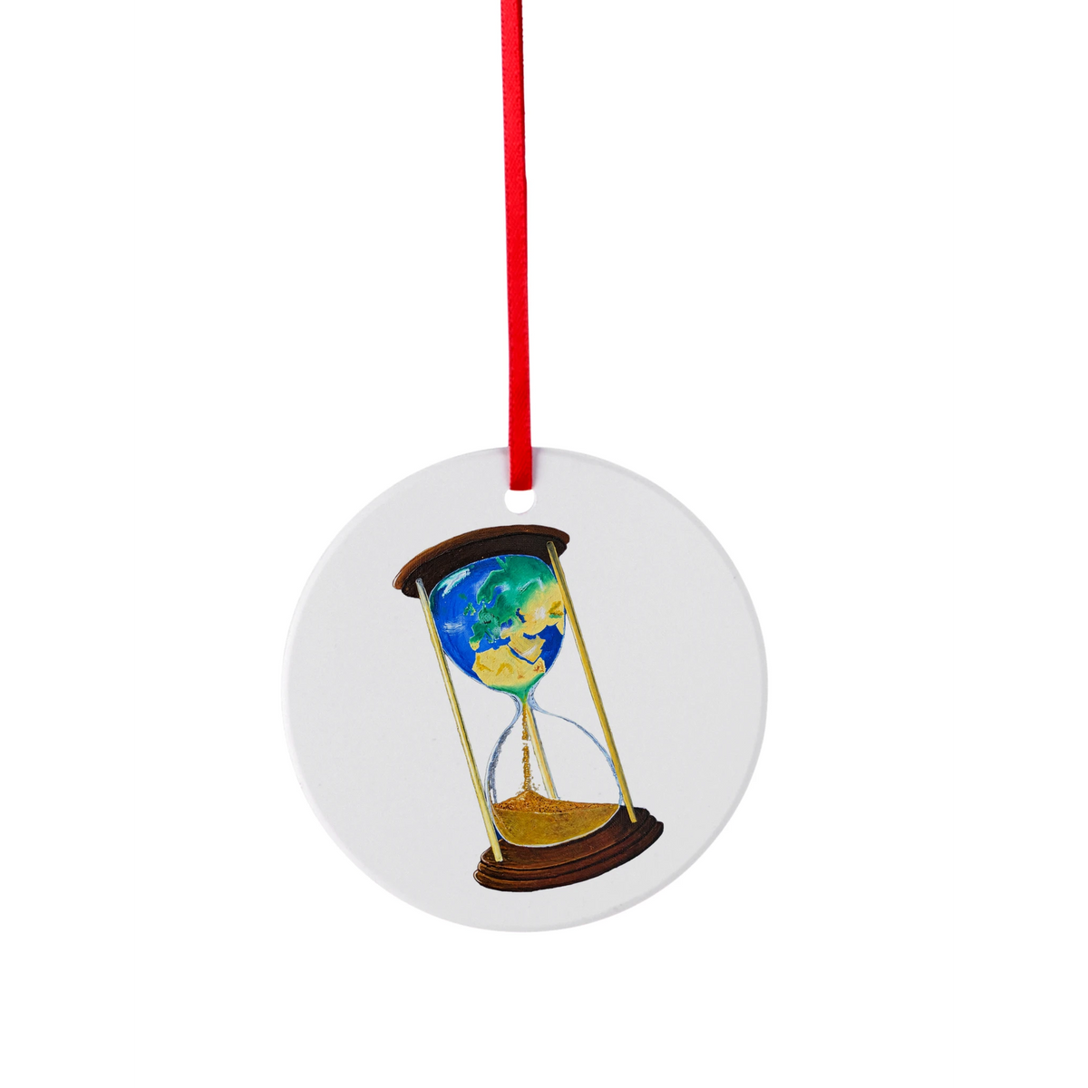 Die Zeit läuft – rundes Keramik-Ornament mit Erde in der Sanduhr nach Maximilian Schroeder