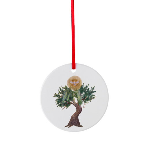 Der letzte Olivenbaum – rundes Keramik-Ornament mit Olivenbaum und Taube nach Maximilian Schroeder